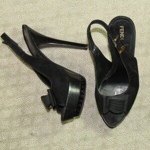 Fendi Black Suede Leather & Ribbon Bow Platform Sling Sandals Size 8 w/ COA